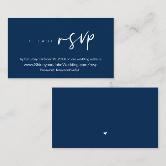 Modern minimalistisch, marineblauw script, online  informatiekaartje (Voorkant / Achterkant)