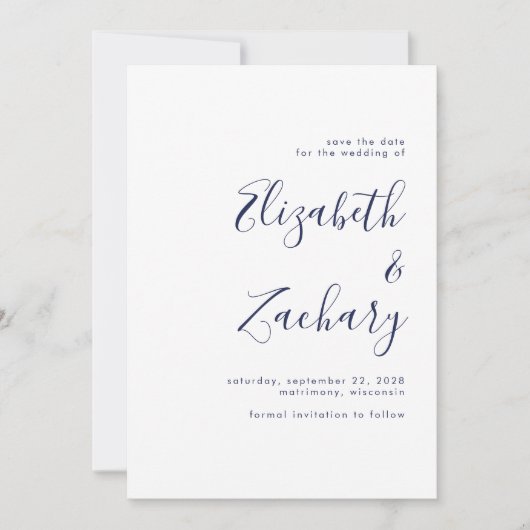 Modern minimalistisch marineblauw script Save the  Aankondiging (Voorkant)