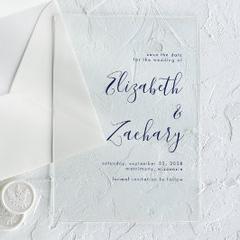 Modern minimalistisch marineblauw script Save the  Acryl Uitnodigingen