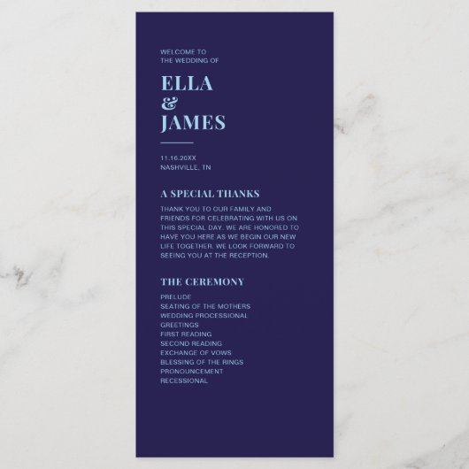 Modern minimalistisch marineblauw trouwprogramma programmakaart (Voorkant)