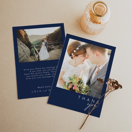 Modern minimalistisch marineblauw | Zilveren platt Bedankkaart