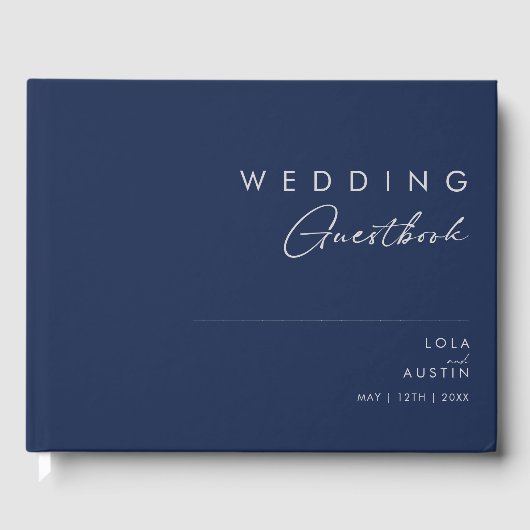 Modern minimalistisch marineblauw | Zilverweddensc Gastenboek (Voorkant)