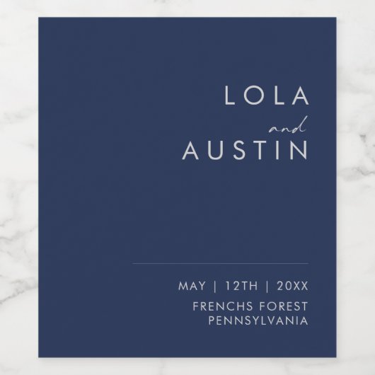 Modern minimalistisch marineblauw | Zilverweddensc Wijn Etiket (Enkel label)