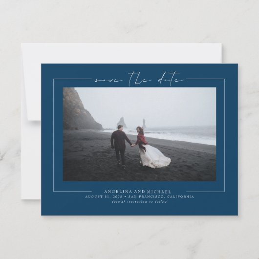 Modern minimalistisch marinesblauw sparen de Datum Save The Date (Voorkant)