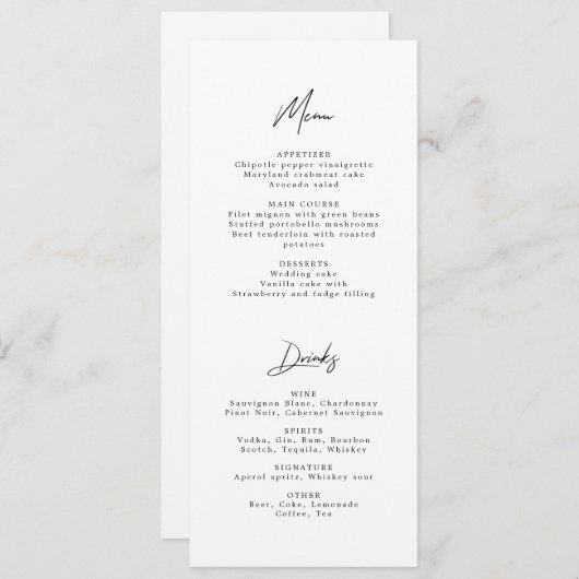 Modern minimalistisch menu voor zwart-witbruiloft kaart (Voorkant / Achterkant)