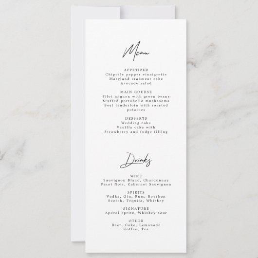 Modern minimalistisch menu voor zwart-witbruiloft kaart (Voorkant)