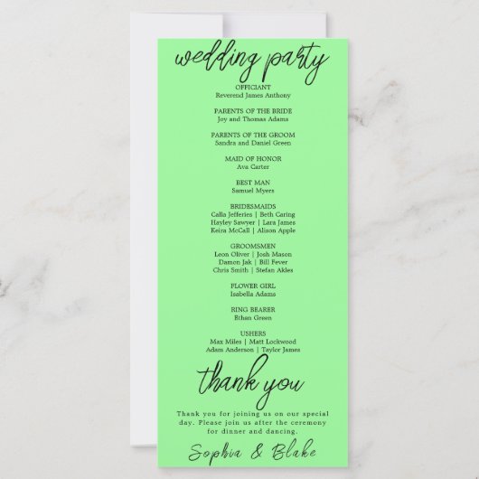 Modern minimalistisch mintgroen trouwprogramma (Achterkant)