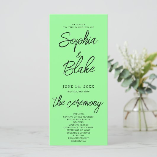Modern minimalistisch mintgroen trouwprogramma (Staand voorkant)