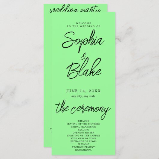 Modern minimalistisch mintgroen trouwprogramma (Voorkant / Achterkant)