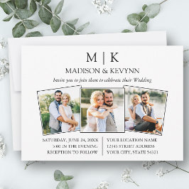 Modern minimalistisch monogram 3 foto bruiloft kaart