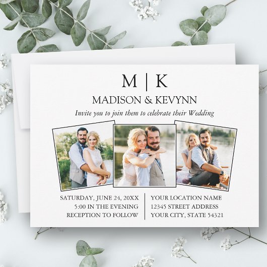 Modern minimalistisch monogram 3 foto bruiloft kaart