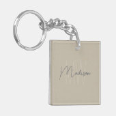 Modern Minimalistisch Monogram Beige Script Naam Sleutelhanger (Voorkant Links)