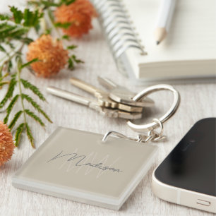 Modern Minimalistisch Monogram Beige Script Naam Sleutelhanger