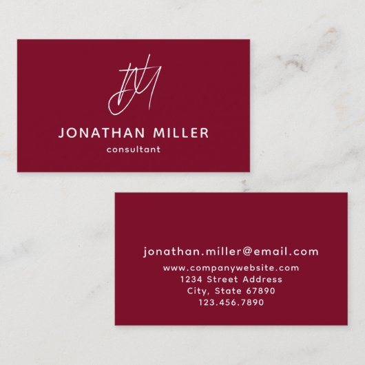 Modern minimalistisch monogram Bourgundy Visitekaartje (Voorkant / Achterkant)