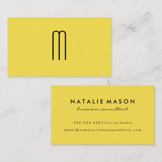 Modern minimalistisch monogram geel visitekaartje (Voorkant / Achterkant)