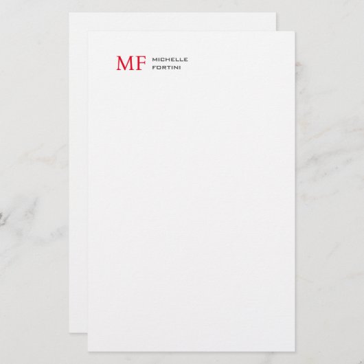 Modern minimalistisch monogram Initiaal effen rood Briefpapier (Voorkant / Achterkant)