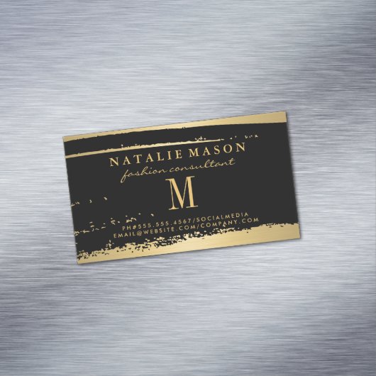 Modern Minimalistisch Monogram op Zwart/Goud Gebor Magnetisch Visitekaartje (Voorbeeld)