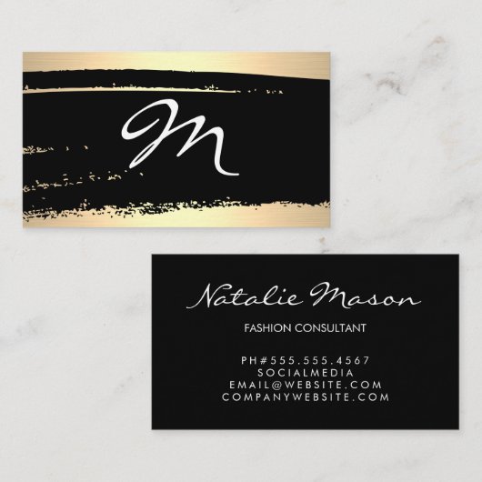 Modern minimalistisch monogram op zwart/goudborst visitekaartje (Voorkant / Achterkant)