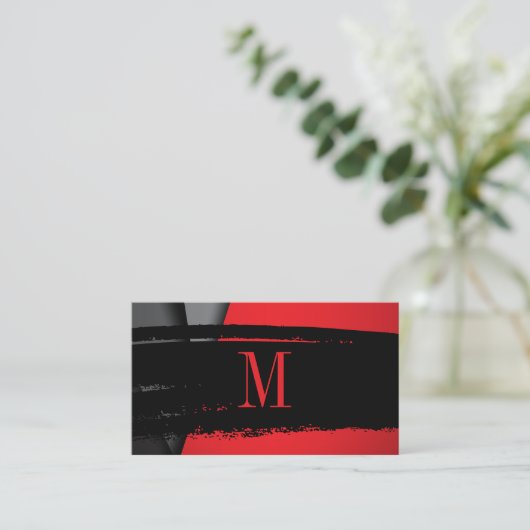 Modern minimalistisch monogram op zwart/rood gebor visitekaartje (Staand voorkant)