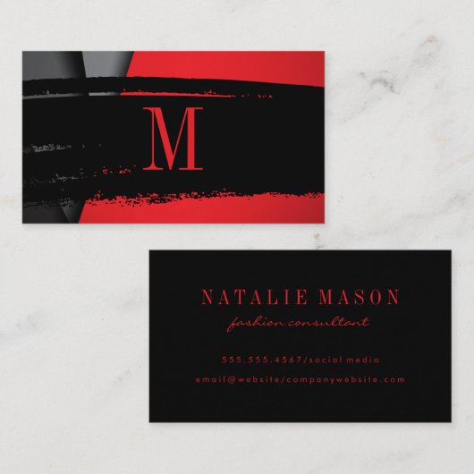 Modern minimalistisch monogram op zwart/rood gebor visitekaartje (Voorkant / Achterkant)