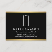 Modern minimalistisch monogram op zwarte goudstrip visitekaartje (Voorkant)