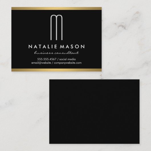 Modern minimalistisch monogram op zwarte goudstrip visitekaartje (Voorkant / Achterkant)