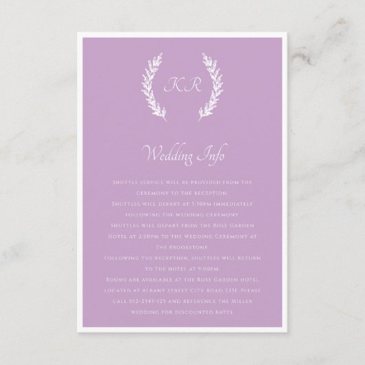 Modern minimalistisch monogram Paarse witte lavend Informatiekaartje (Voorkant)
