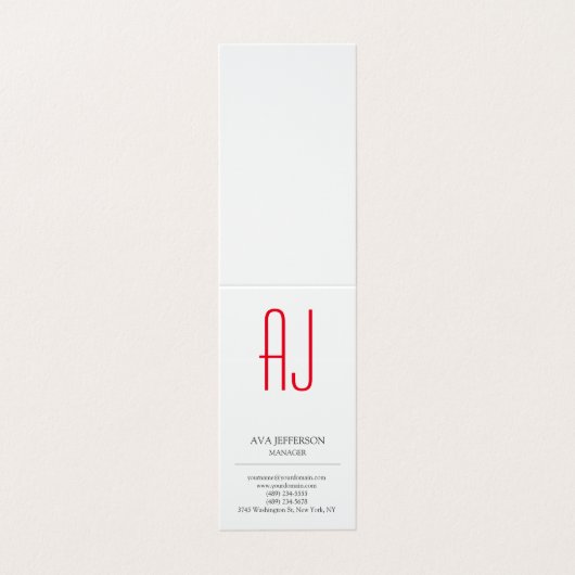 Modern Minimalistisch Monogram Rood Wit Plain Visitekaartje (Buitenkant ongevouwen)