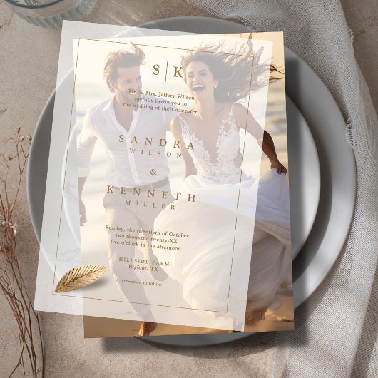 Modern minimalistisch monogram rustiek ingelijst b vellum uitnodigingen