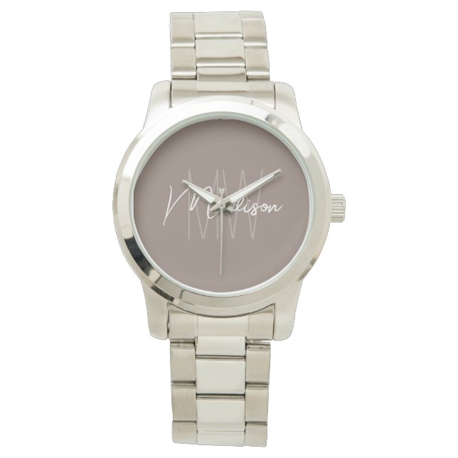 Modern Minimalistisch Monogram Taupe Script Naam Horloge (Voorkant)