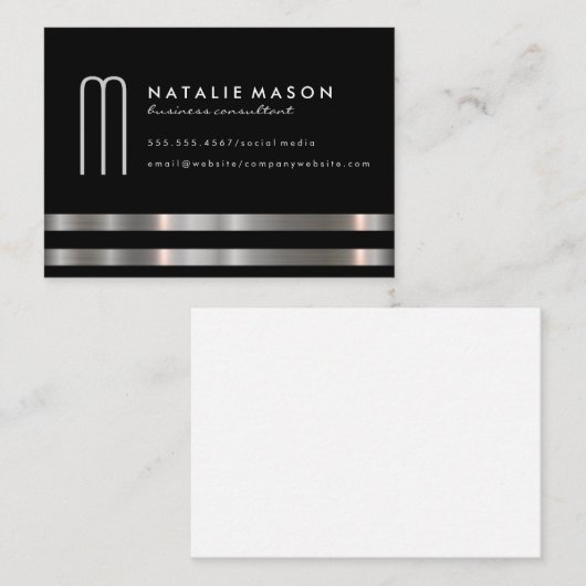 Modern minimalistisch monogram zilvertrim visitekaartje (Voorkant / Achterkant)