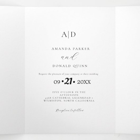 Modern Minimalistisch Monogram Zwart-wit Bruiloft Drieluik Uitnodiging (Binnenkant midden)