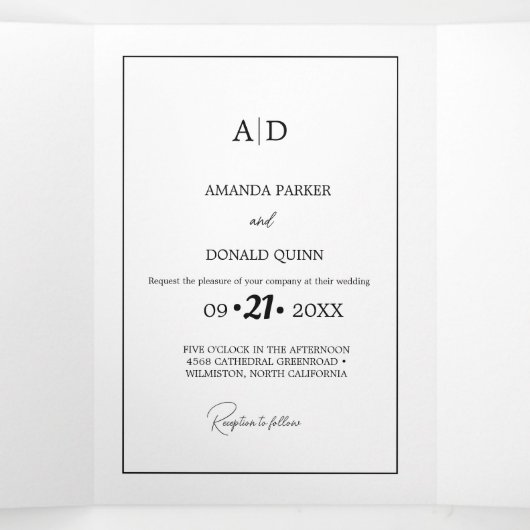 Modern Minimalistisch Monogram Zwart-wit Bruiloft Drieluik Uitnodiging (Binnenkant midden)