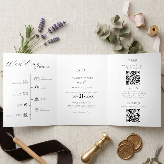 Modern Minimalistisch Monogram Zwart-wit Bruiloft Drieluik Uitnodiging