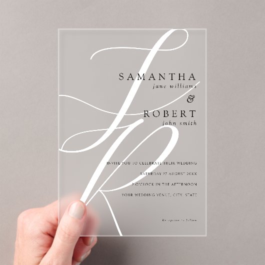 Modern minimalistisch monogram zwart-wit huwelijk acryl uitnodigingen (Insitu (Draagbaar))