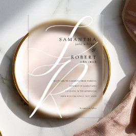 Modern minimalistisch monogram zwart-wit huwelijk acryl uitnodigingen