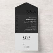 Modern minimalistisch monogram zwart-wit huwelijk all in one uitnodiging (Binnen)