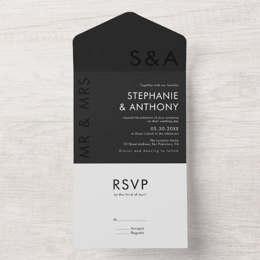 Modern minimalistisch monogram zwart-wit huwelijk all in one uitnodiging (Binnen)