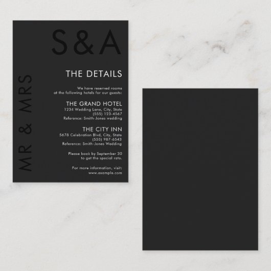 Modern minimalistisch monogram zwart-wit huwelijk informatiekaartje (Voorkant / Achterkant)