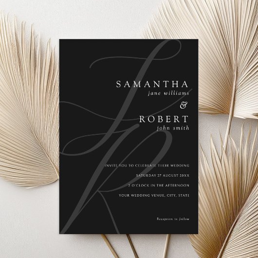 Modern minimalistisch monogram zwart-wit huwelijk kaart