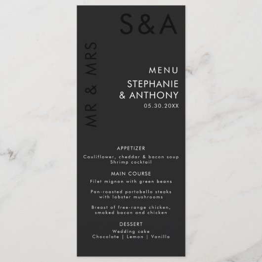 Modern minimalistisch monogram zwart-wit huwelijk menu (Voorkant)