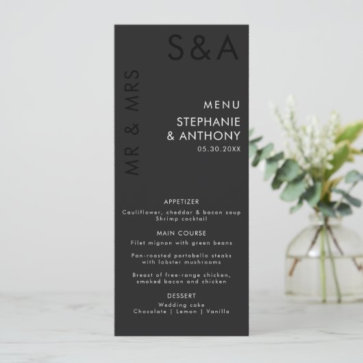 Modern minimalistisch monogram zwart-wit huwelijk menu (Staand voorkant)