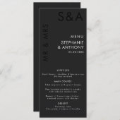 Modern minimalistisch monogram zwart-wit huwelijk menu (Voorkant / Achterkant)