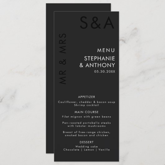 Modern minimalistisch monogram zwart-wit huwelijk menu (Voorkant / Achterkant)