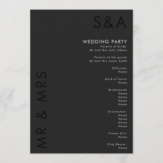 Modern minimalistisch monogram zwart-wit huwelijk programmakaart (Achterkant)