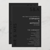 Modern minimalistisch monogram zwart-wit huwelijk programmakaart (Voorkant / Achterkant)