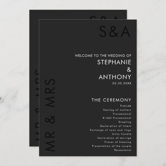 Modern minimalistisch monogram zwart-wit huwelijk programmakaart (Voorkant / Achterkant)
