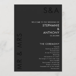 Modern minimalistisch monogram zwart-wit huwelijk programmakaart