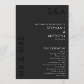 Modern minimalistisch monogram zwart-wit huwelijk programmakaart (Voorkant)