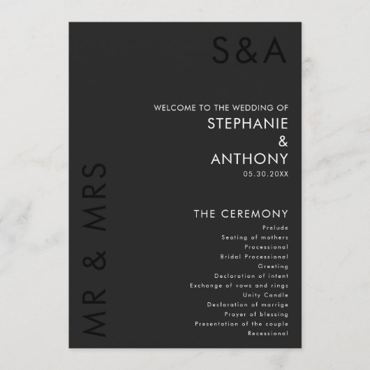 Modern minimalistisch monogram zwart-wit huwelijk programmakaart (Voorkant)